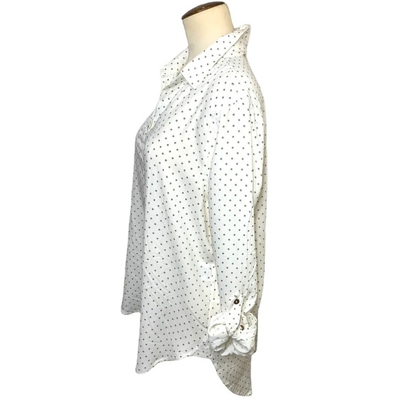 jane & Delancey White Flowy Blouse Button Down Brown Dots Relax Hi Low Tunic M - Picture 2 of 12